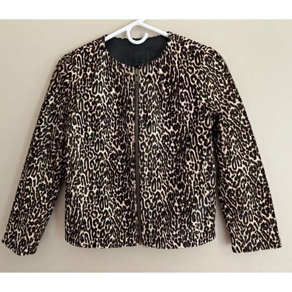J. Crew Collection Calf Hair Leopard Print Leather Collarless Jacket Size 2 - Picture 4 of 16